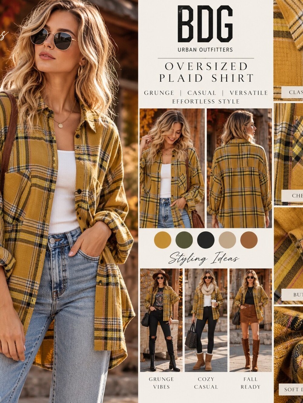 BDG Urban Outfitters Mustard Plaid Oversized Button Down Shirt L Grunge Fall